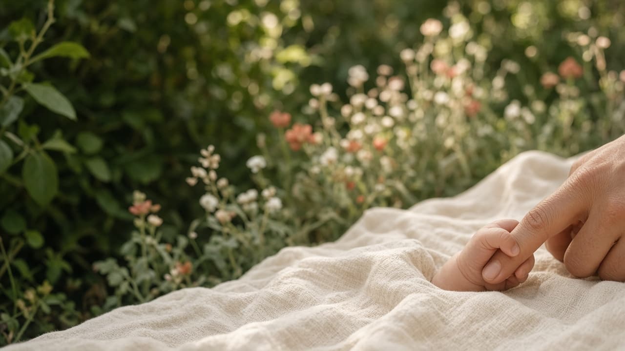 A baby holding an adult’s finger on a blanket in a garden