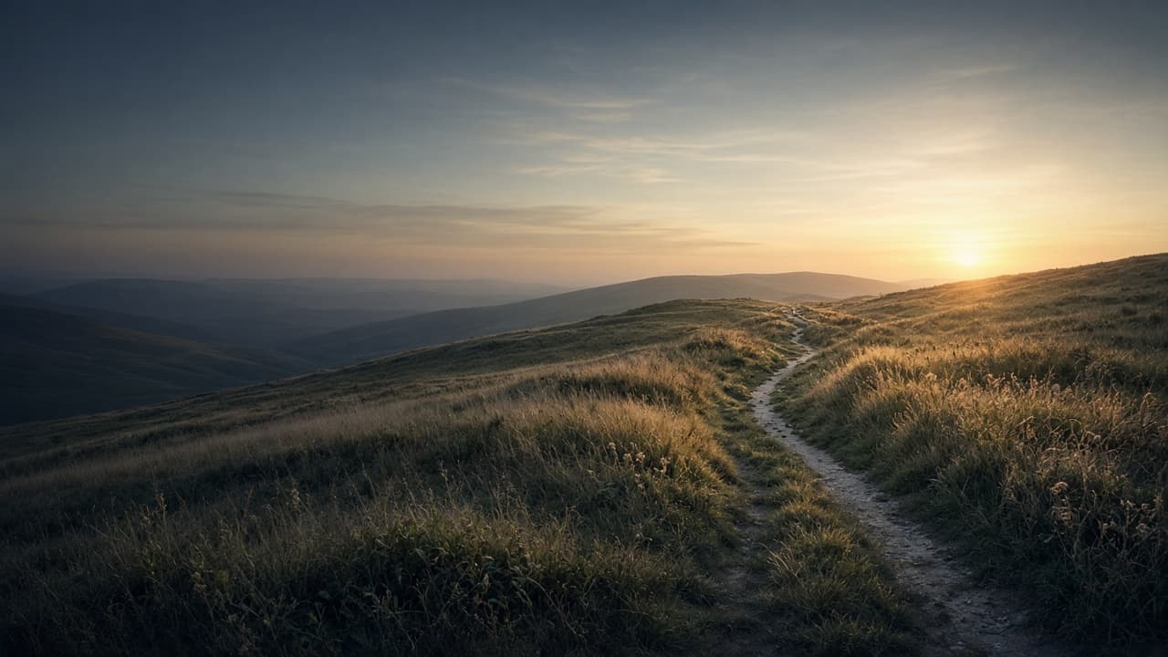 A quiet hillside path leading towards the morning light