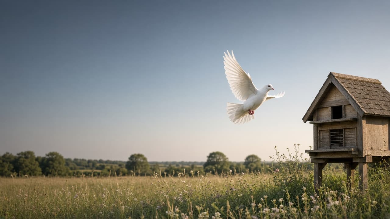 A trained white homing pigeon returning towards its loft