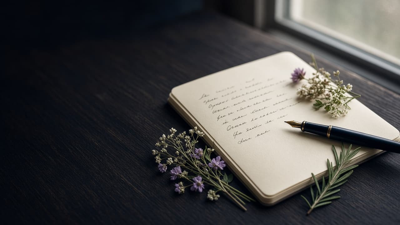 An open notebook, fountain pen and wildflowers beside a softly lit window