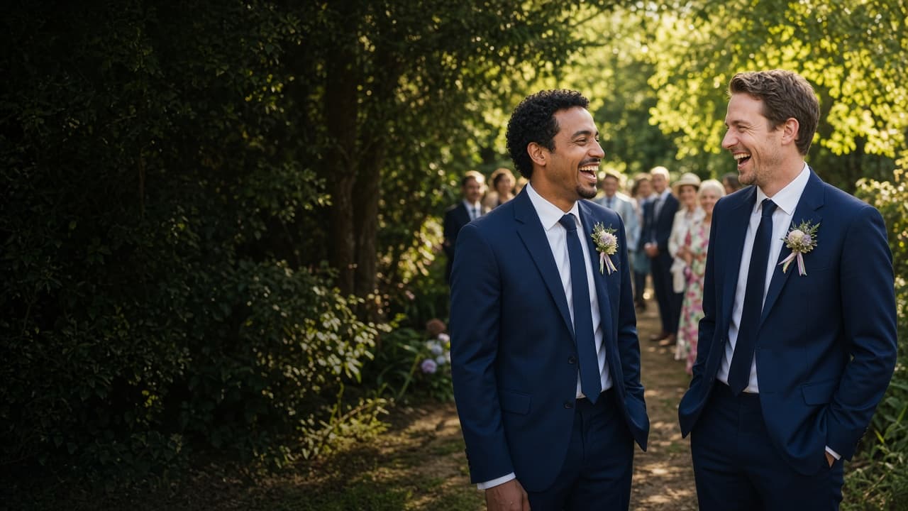 Two grooms sharing a joyful moment after their garden ceremony