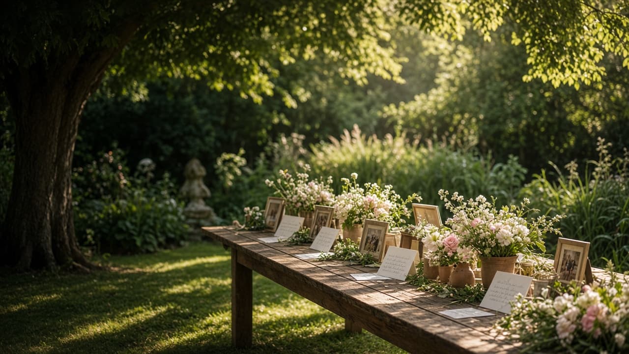 A memory table with photographs and flowers in a sunlit garden