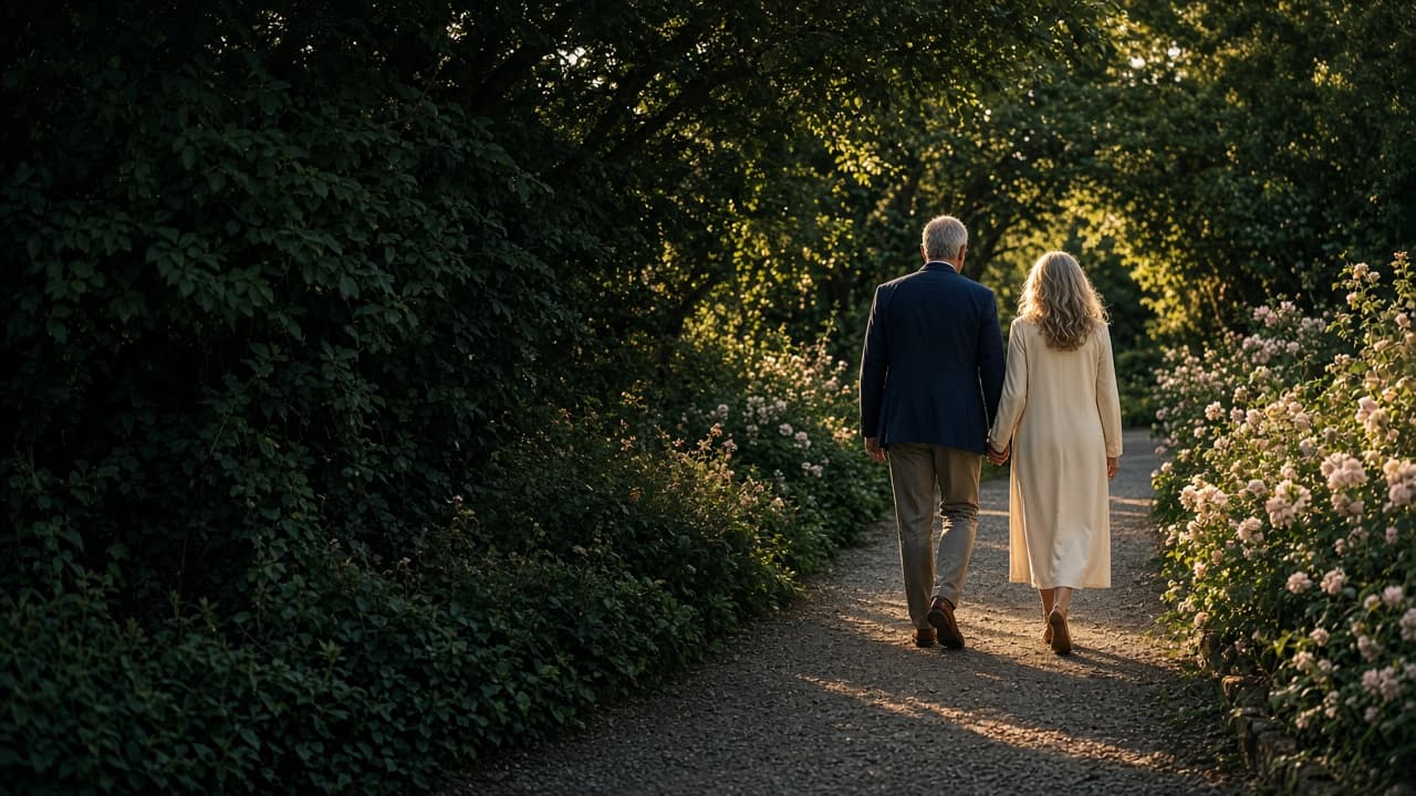 A couple walking hand in hand through a sunlit garden